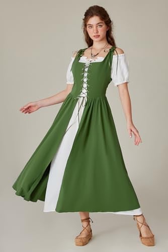 Scarlet Darkness Women Renaissance Costume Fairy Elf Short Sleeve Long Medieval Dress 2025 Summer Boho Dresses with Pockets Green S - Image 4