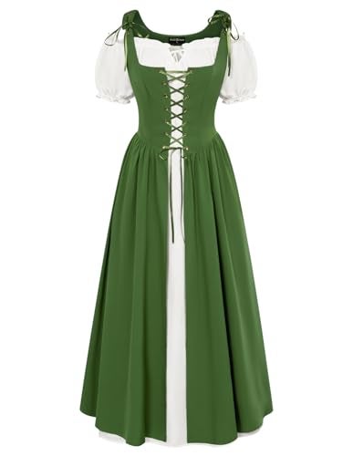 Scarlet Darkness Women Renaissance Costume Fairy Elf Short Sleeve Long Medieval Dress 2025 Summer Boho Dresses with Pockets Green S - Image 1