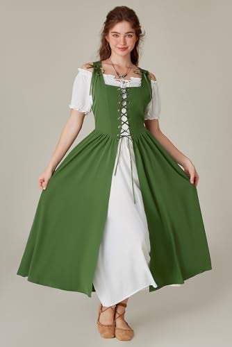 Scarlet Darkness Women Renaissance Costume Fairy Elf Short Sleeve Long Medieval Dress 2025 Summer Boho Dresses with Pockets Green S - Image 5