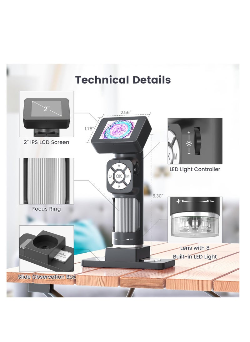 SOLARAE مجموعة ميكروسكوب محمول جيب، ميكروسكوب رقمي صغير محمول 500X مع 8 أضواء LED قابلة للتعديل وشاشة LCD بحجم 2 بوصة، مجموعة ميكروسكوب جيب للأطفال والبالغين، متوافق مع ويندوز PC - Image 2