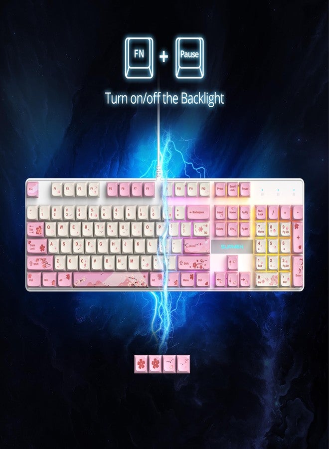 surmen Full Size Pink Keyboard with Number Pad, 104 Keys RGB Wired Mechanical Gaming Keyboard Backlit with PBT Keycaps Linear Red Switch for Laptop Desktop PC Gamers（104 Ying） - Image 3