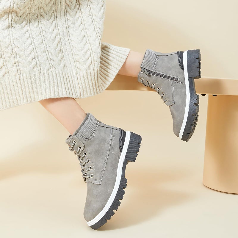 FINIWOR Ankle Boots for Women Hiking Boot Women Combat Boots Lace Up Womens Snow Boots Waterproof Fur Winter Boots Black Boots.(Grey.US10) - Image 2