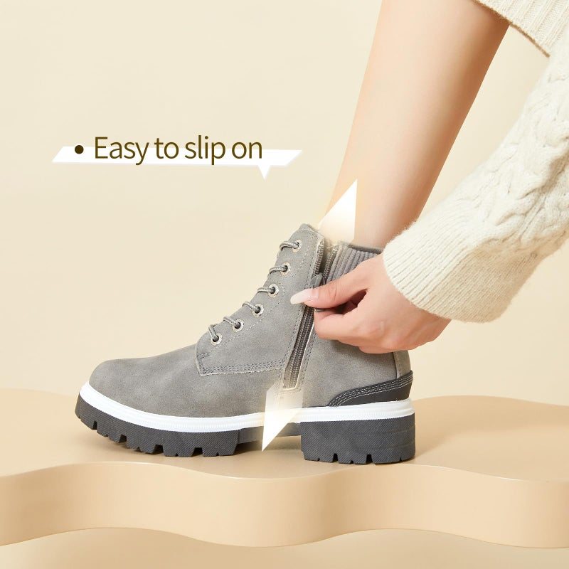 FINIWOR Ankle Boots for Women Hiking Boot Women Combat Boots Lace Up Womens Snow Boots Waterproof Fur Winter Boots Black Boots.(Grey.US10) - Image 4