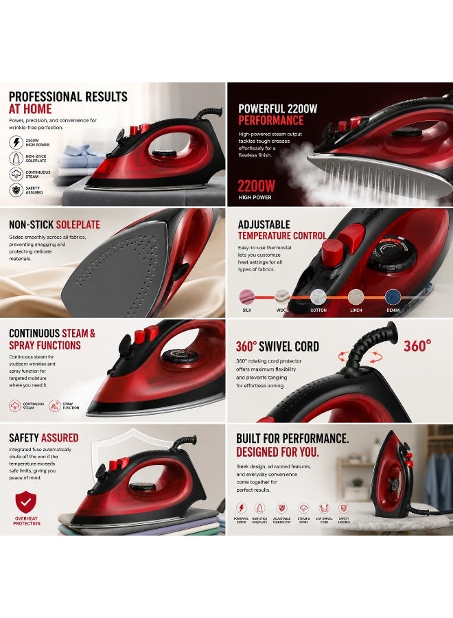 Hamilton 2200W Steam Iron with Non-Stick Soleplate, Red & Black - Image 4