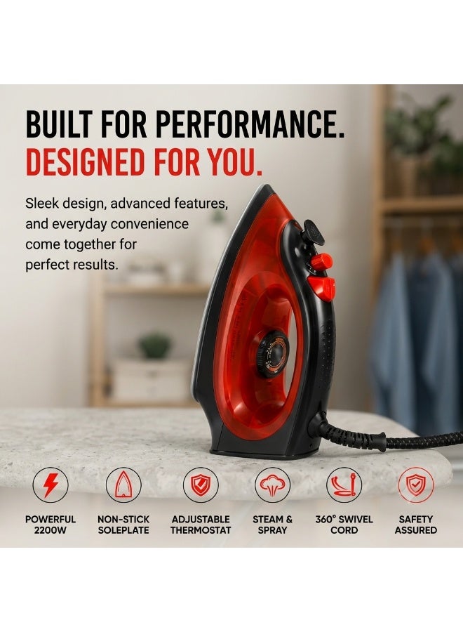 Hamilton 2200W Steam Iron with Non-Stick Soleplate, Red & Black - Image 2