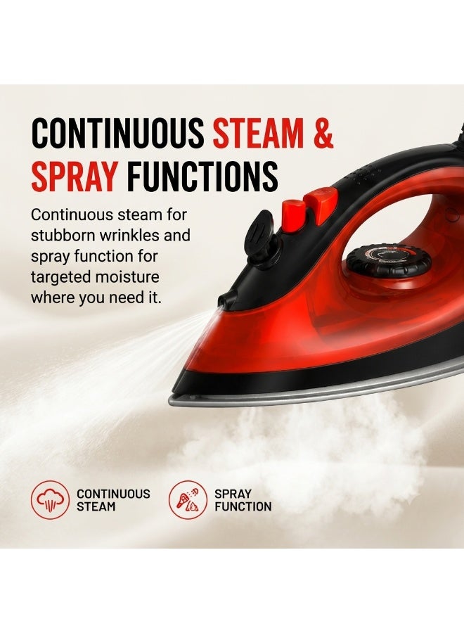 Hamilton 2200W Steam Iron with Non-Stick Soleplate, Red & Black - Image 3
