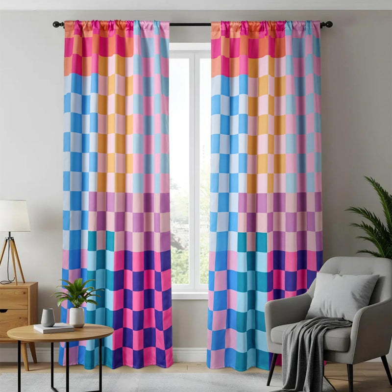 RoomTalks Multicolored Checkerboard Blackout Window Curtains for Bedroom Living Room 84 Inches Length 2 Panels, Mid Century Modern Aesthetic Curtain Panels Colorful Vibrant Checkered Window Drapes - Image 1