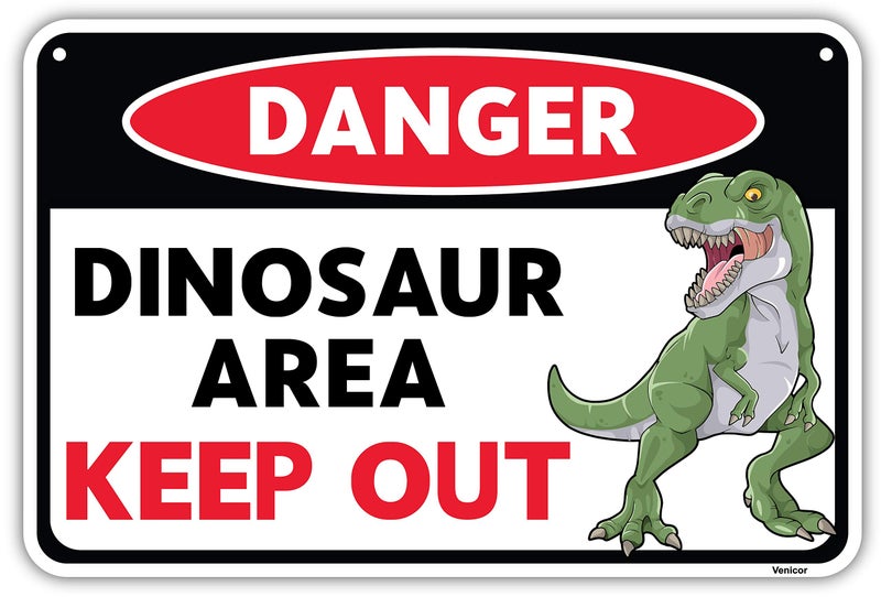 Venicor Dinosaur Sign - 8 x 12 Inches - Aluminum - Dinosaur Room Decor for Boys - Dinosaur Decor Boys Room - T Rex Dinosaur Bedroom Decor for Boys Kids Decorations Lover Gifts Wall Art Poster Stuff - Image 1