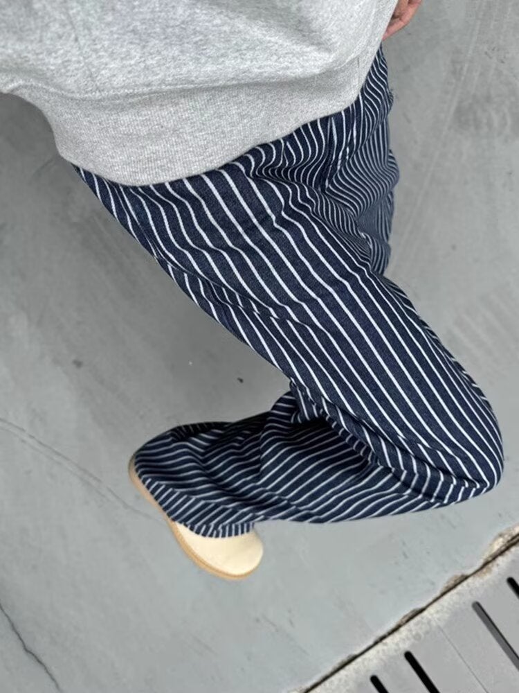 American Street Fashion Men'S And Women'S Vertical Stripe Jeans, Suitable For Couples, Loose Retro, Straight-Leg Casual - Image 5
