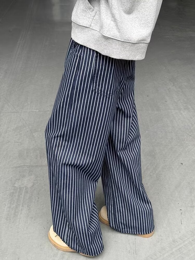 American Street Fashion Men'S And Women'S Vertical Stripe Jeans, Suitable For Couples, Loose Retro, Straight-Leg Casual - Image 3