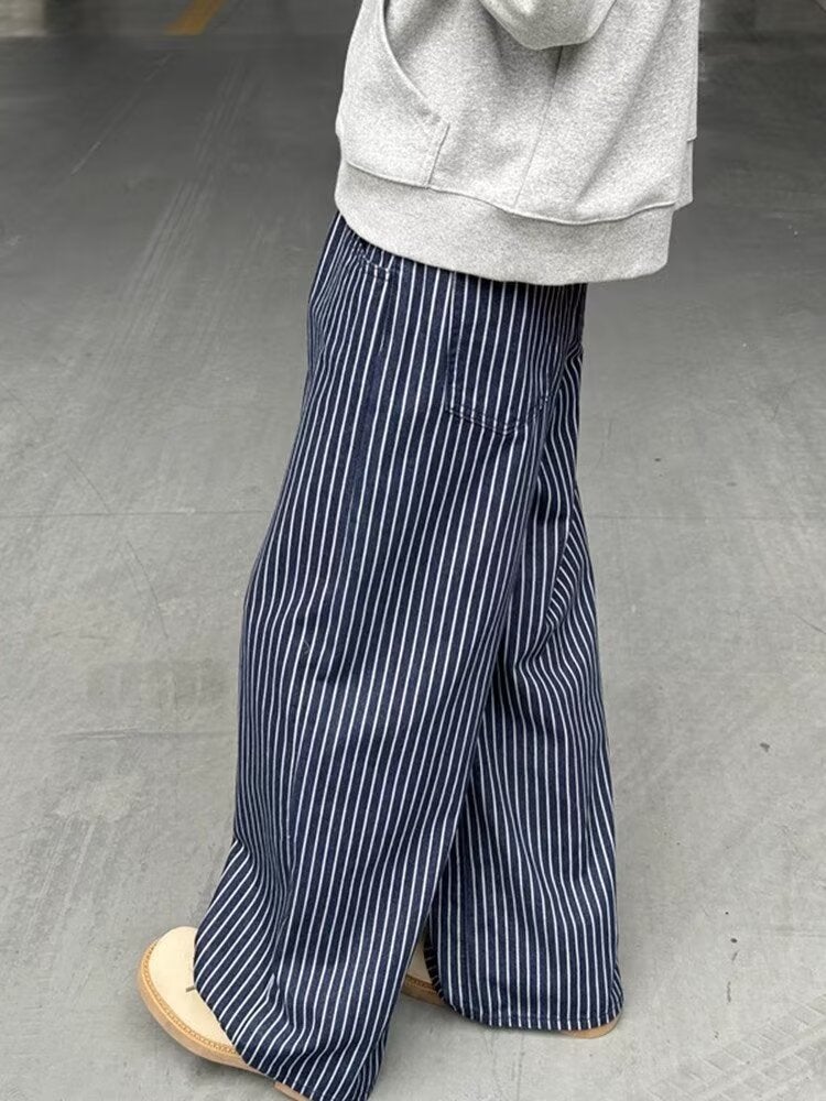 American Street Fashion Men'S And Women'S Vertical Stripe Jeans, Suitable For Couples, Loose Retro, Straight-Leg Casual - Image 4