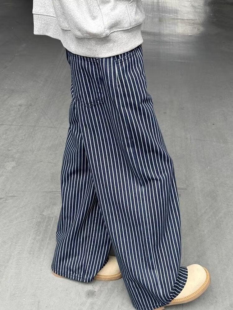 American Street Fashion Men'S And Women'S Vertical Stripe Jeans, Suitable For Couples, Loose Retro, Straight-Leg Casual - Image 1