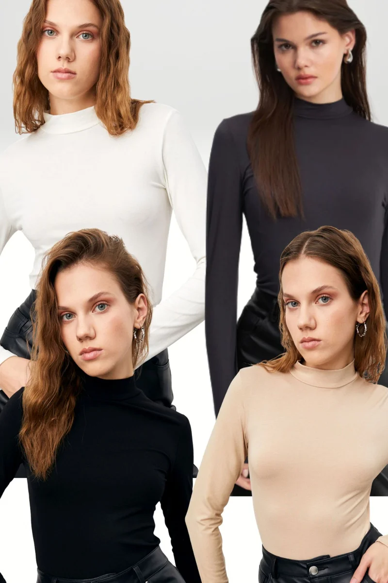 بيبانتولون BIPANTOLON Women's 4-Pack Slim Fit Turtleneck Bodysuits