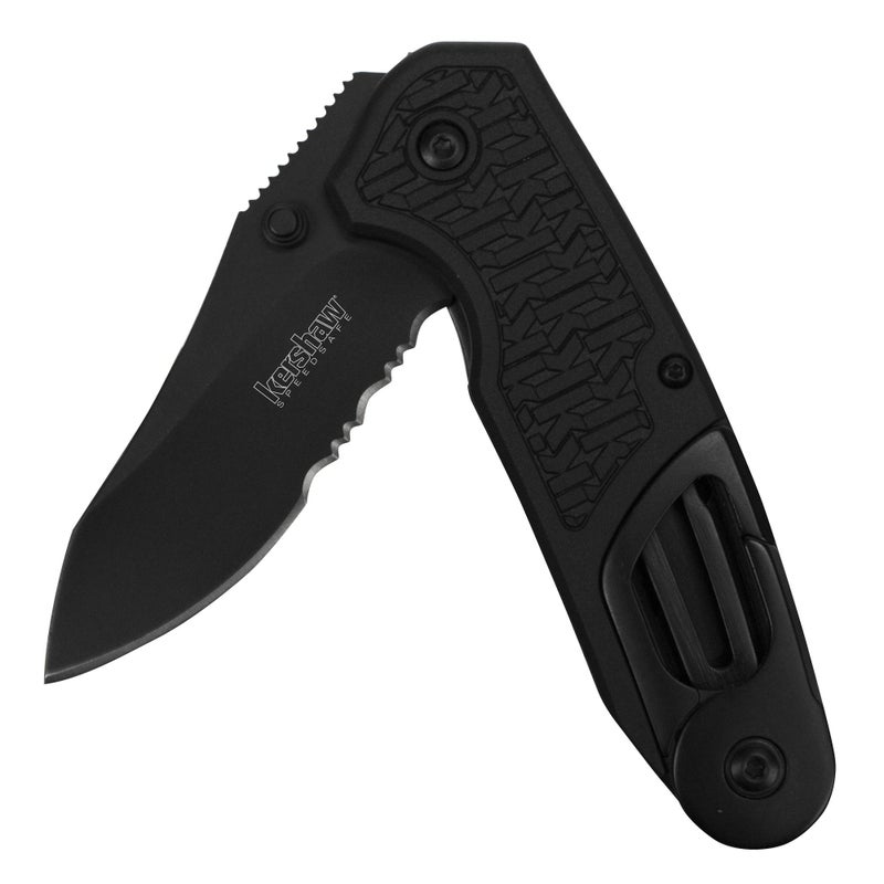 Kershaw كيرشو فنكشن EMT (8100)؛ سكين جيب قابل للطي متعدد الوظائف؛ شفرة فولاذية مقاومة للصدأ بطول 3 بوصات مع حافة مسننة جزئيًا؛ مشبك كارابيني، قاطع حبال، طرف مفك، مفتاح سداسي، طرف لكسر الزجاج، أسود - Image 1