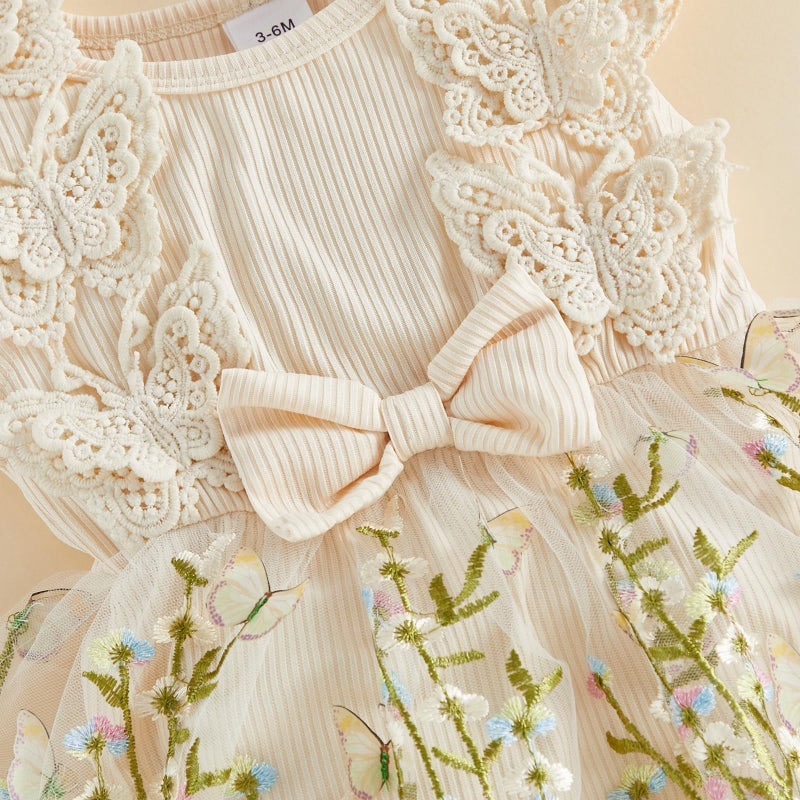 Douhoow Baby Girl Dress Romper Baby Romper Dress Flowers Embroidery Tulle Skirt Infant Girl Summer Clothes with Headband (Apricot A, 3-6 Months) - Image 4