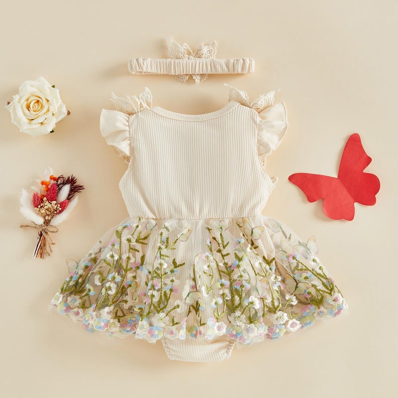 Douhoow Baby Girl Dress Romper Baby Romper Dress Flowers Embroidery Tulle Skirt Infant Girl Summer Clothes with Headband (Apricot A, 3-6 Months) - Image 3