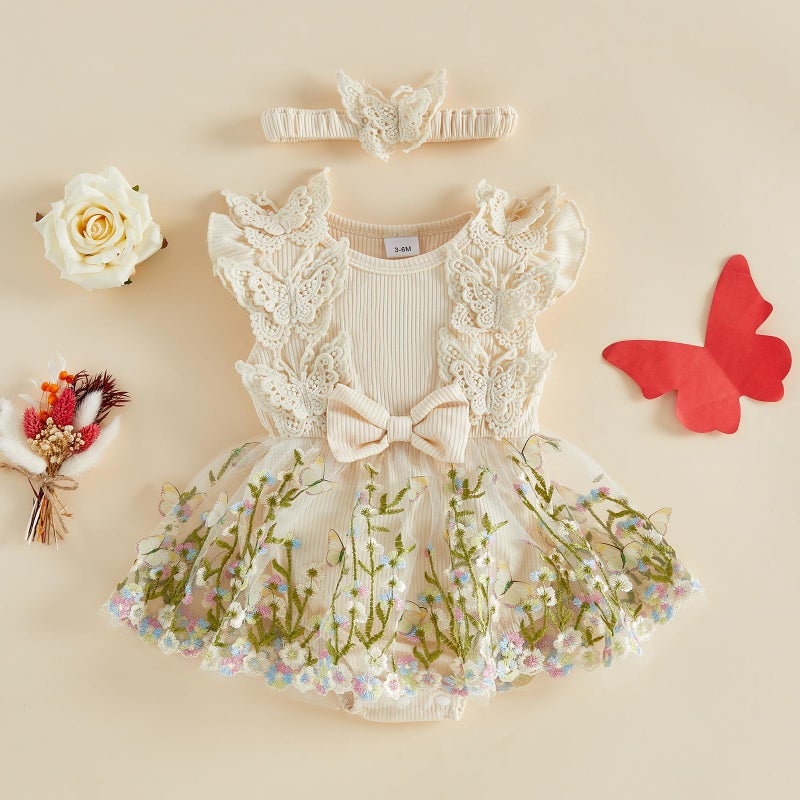 Douhoow Baby Girl Dress Romper Baby Romper Dress Flowers Embroidery Tulle Skirt Infant Girl Summer Clothes with Headband (Apricot A, 3-6 Months) - Image 2