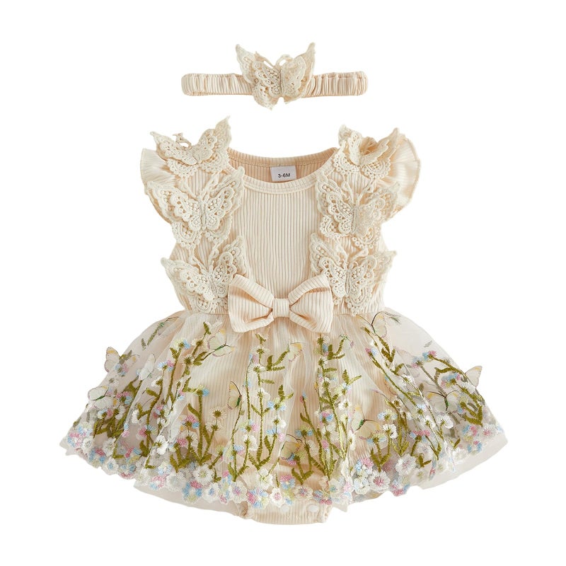 Douhoow Baby Girl Dress Romper Baby Romper Dress Flowers Embroidery Tulle Skirt Infant Girl Summer Clothes with Headband (Apricot A, 3-6 Months) - Image 1