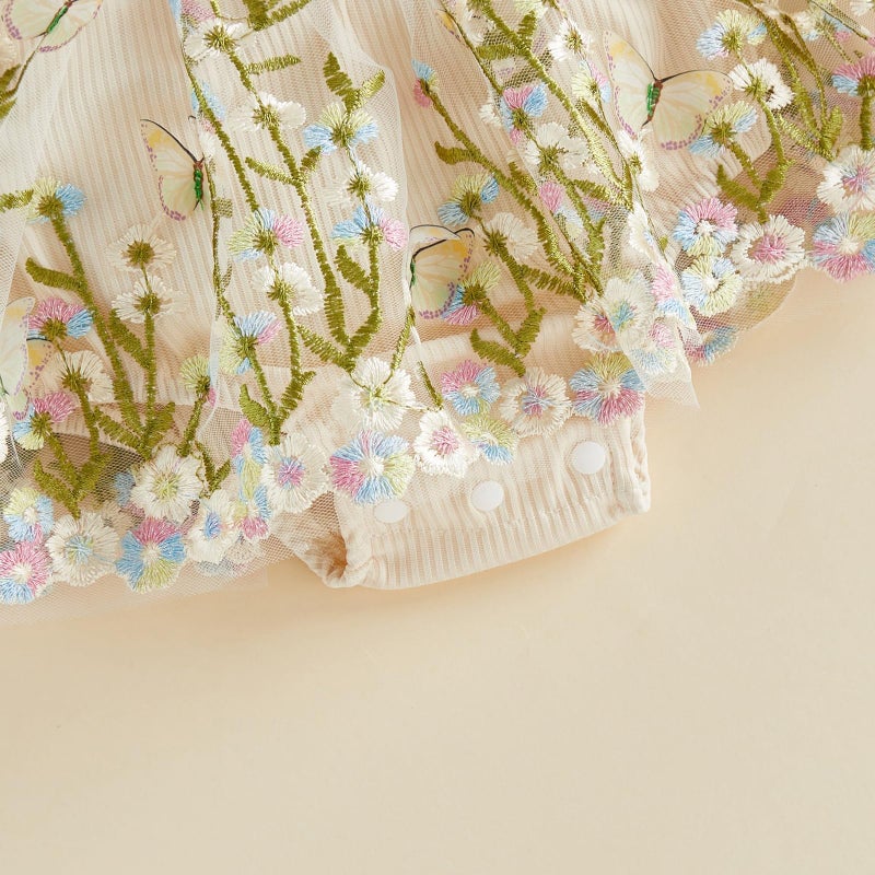 Douhoow Baby Girl Dress Romper Baby Romper Dress Flowers Embroidery Tulle Skirt Infant Girl Summer Clothes with Headband (Apricot A, 3-6 Months) - Image 5
