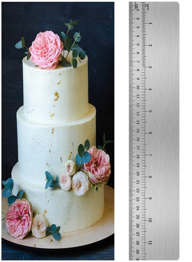 Nuenen 12 Inches Stainless Steel Cake Scraper with Scale Cake Edge Smoother Decorating Comb Baking Scraper Tool for Baking Measuring Buttercream Home Kitchen Accessory - Image 1