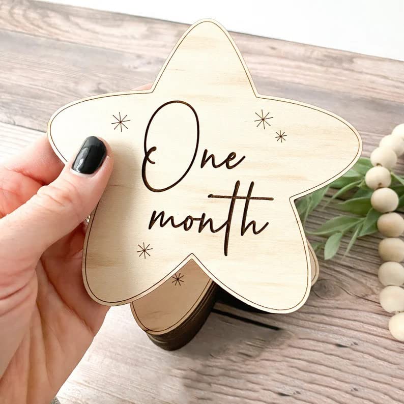 CLITHS Pack of 12 Pieces Wooden Star Nursery Milestone, Digital Nursery Decor, Glow Forge, Wooden Baby Milestone - Image 1