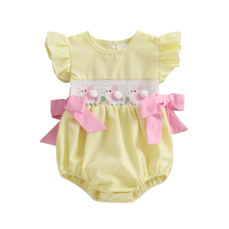Socutebabe My First Easter Baby Girl Outfit Infant Plaid Bubble Romper Easter Bunny Embroidery Jumpsuit Cute Spring Clothes (a-bunny-Yellow, 0-3 Months) - Image 1