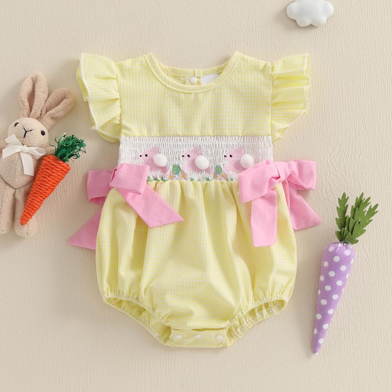 Socutebabe My First Easter Baby Girl Outfit Infant Plaid Bubble Romper Easter Bunny Embroidery Jumpsuit Cute Spring Clothes (a-bunny-Yellow, 0-3 Months) - Image 2