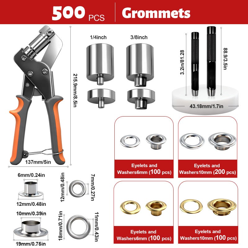 SBGGRL Grommet Kit of 1/4" and 3/8" Punch with 500 Pcs Metal Eyelets,Handheld Heavy Duty Eyelet Pliers Rivet Press Tool Set for Tarps Leather Crafts Fabric Tents Canvas - Image 4