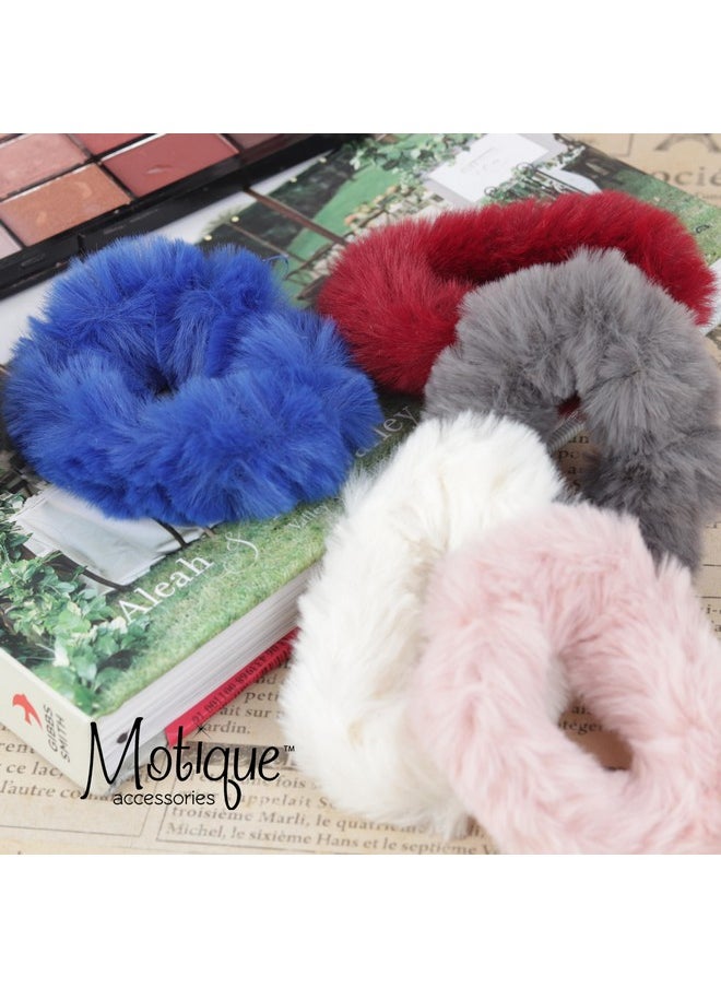 Motique Accessories Small Fuzzy Fur Scrunchies Furry Pony Holder - Set of 2 - White  - Image 3