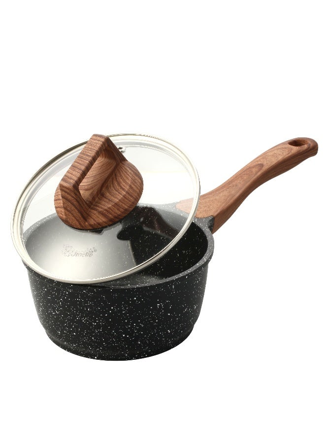 ESLITE LIFE Sauce Pan 16Cm with Glass lid Aluminum | Non-stick coating | Scratch Resistant & Durable | Soft touch wooden esthetic , Black - Image 3