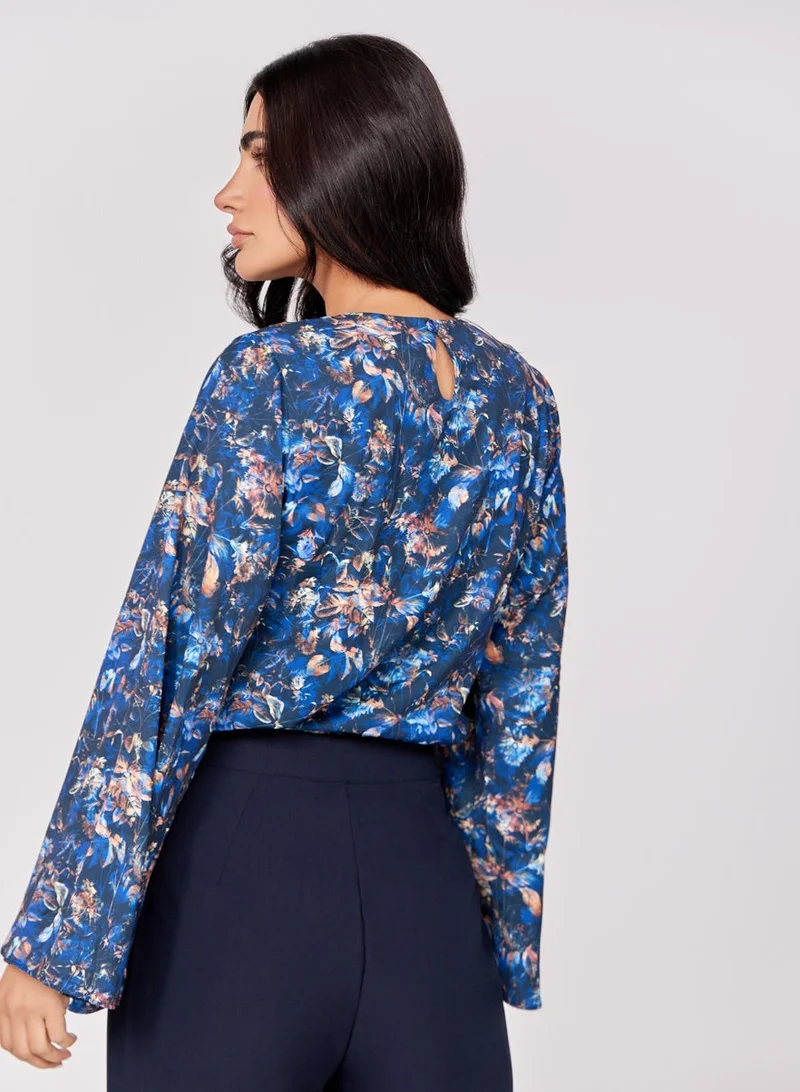 Zigzag Flared Sleeve Chiffon Printed Top