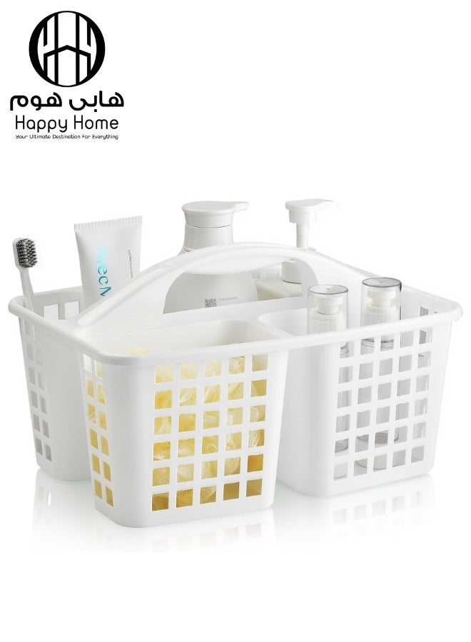 هابي هوم سلة استحمام بلاستيكية محمولة مع مقبض – منظم تخزين 3 أقسام لحمل الشامبو والصابون وإكسسوارات الحمام والتنظيف – سلة تخزين متعددة الاستخدامات للحمام والمطبخ وغرفة النوم والمسكن والتخييم – خفيفة الوزن ومتينة لحمل مستلزمات النظافة والتنظيف والتنظيم – منظم صغير موفر للمساحة للحمامات الصغيرة والمطابخ والسكن الطلابي - Image 1