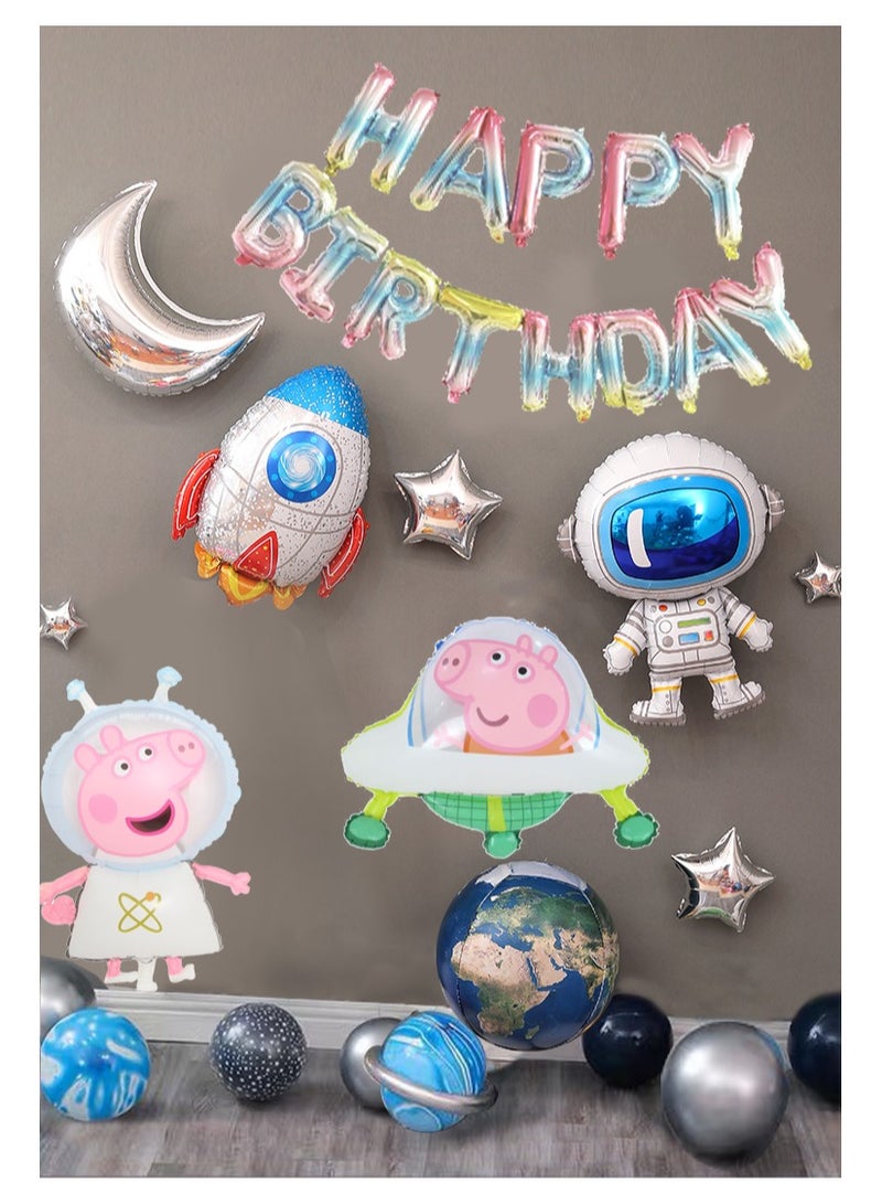 اي اي اي بيبا بيغ، ديكورات حفلات عيد ميلاد بالونات الفضاء، 32 قطعة، رائد فضاء 85 سم، صاروخ، أرض، سماء، بيبا بيغ الفضائية 73 سم، طبق جورج الطائر، لوازم حفلات للأطفال\ مجموعة أطفال (مجانًا: منفاخ، شريط لاصق، شريط) - Image 1