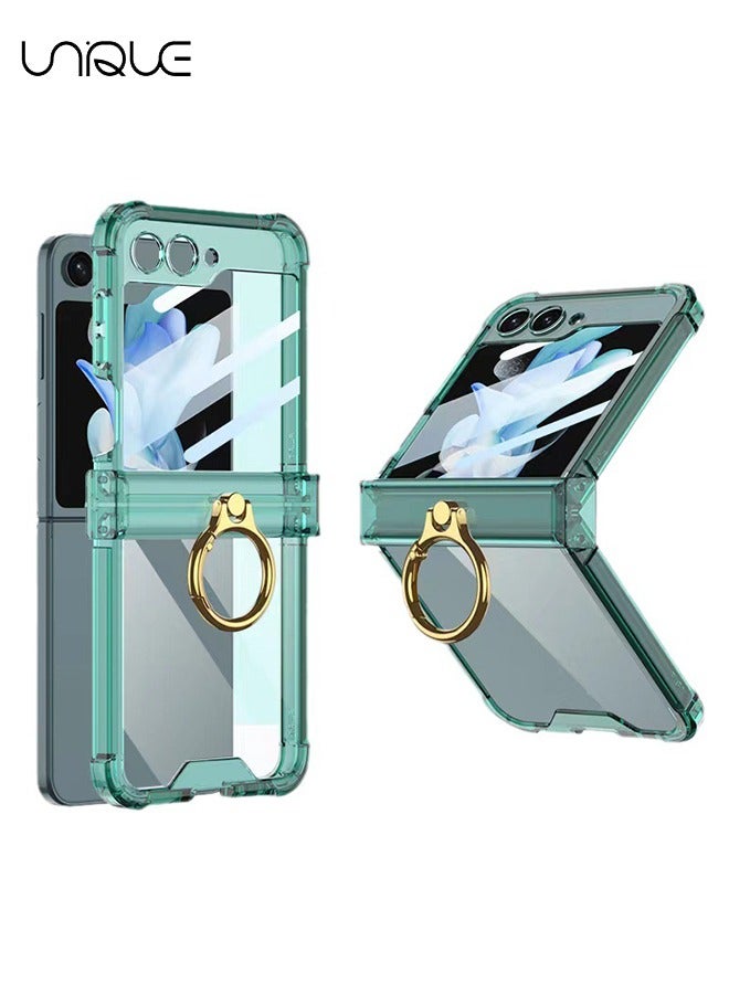 Unique For Samsung Galaxy Z Flip 5 Phone Case, TPU Shockproof Phone Case, Ultra Slim Aesthetic Clear Phone Case, Rugged Hard Case with Ring Bracket & Hinge Protection (Green) - Image 1