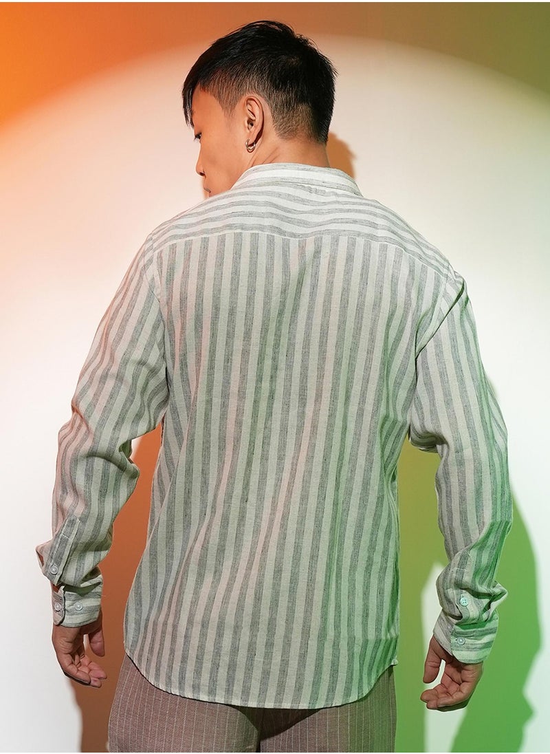 Campus Sutra Campus Sutra Men's Moon Grey Heathered-Stripe Shirt For Casual Wear | Spread Collar | Long Sleeve | Button Closure | Shirt Crafted With Comfort Fit For Everyday Wear  - Image 5
