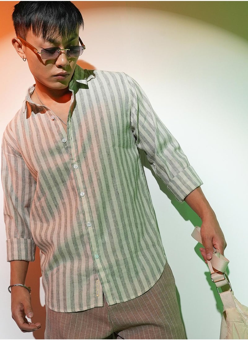 Campus Sutra Campus Sutra Men's Moon Grey Heathered-Stripe Shirt For Casual Wear | Spread Collar | Long Sleeve | Button Closure | Shirt Crafted With Comfort Fit For Everyday Wear  - Image 1