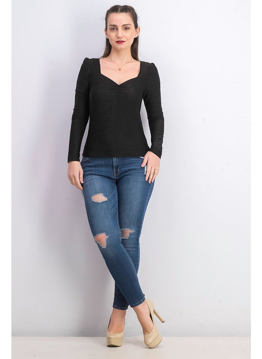 House Brand - Women Sweetheart Neck Long Sleeve Metallic Top, Black - Image 1