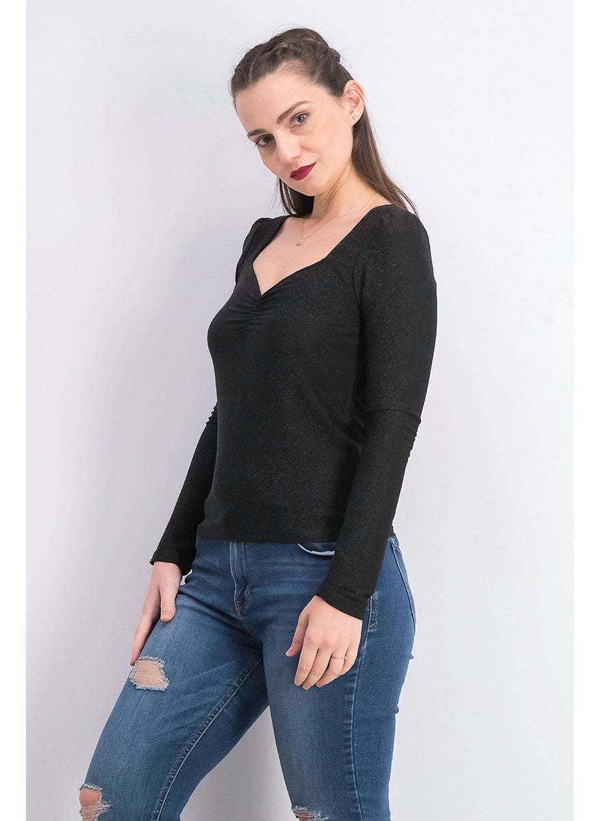 House Brand - Women Sweetheart Neck Long Sleeve Metallic Top, Black - Image 1