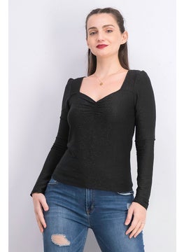 Women Sweetheart Neck Long Sleeve Metallic Top, Black
