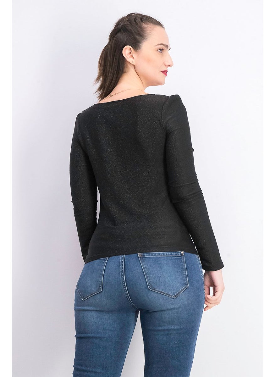 House Brand - Women Sweetheart Neck Long Sleeve Metallic Top, Black - Image 1