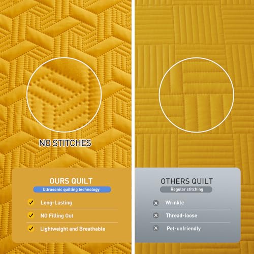 Lavsiry Mustard Yellow Queen Size Quilt Bedding Set with Pillow Shams, Summer Lightweight Bedspread Coverlet, Soft Quilted Blanket Thin Comforter for All Seasons - Image 3