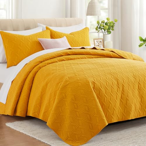 Lavsiry Mustard Yellow Queen Size Quilt Bedding Set with Pillow Shams, Summer Lightweight Bedspread Coverlet, Soft Quilted Blanket Thin Comforter for All Seasons - Image 1