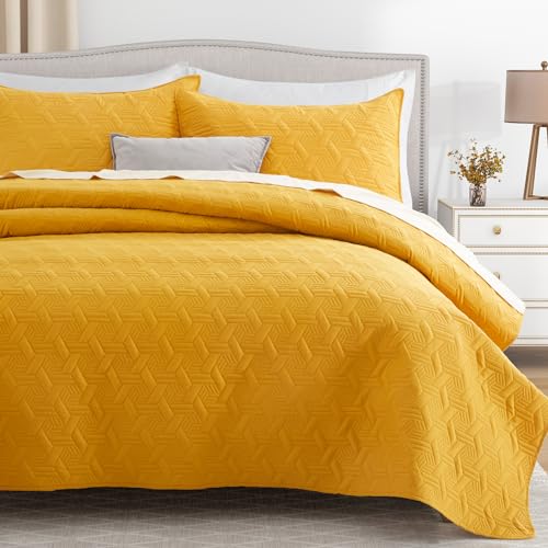Lavsiry Mustard Yellow Queen Size Quilt Bedding Set with Pillow Shams, Summer Lightweight Bedspread Coverlet, Soft Quilted Blanket Thin Comforter for All Seasons - Image 2