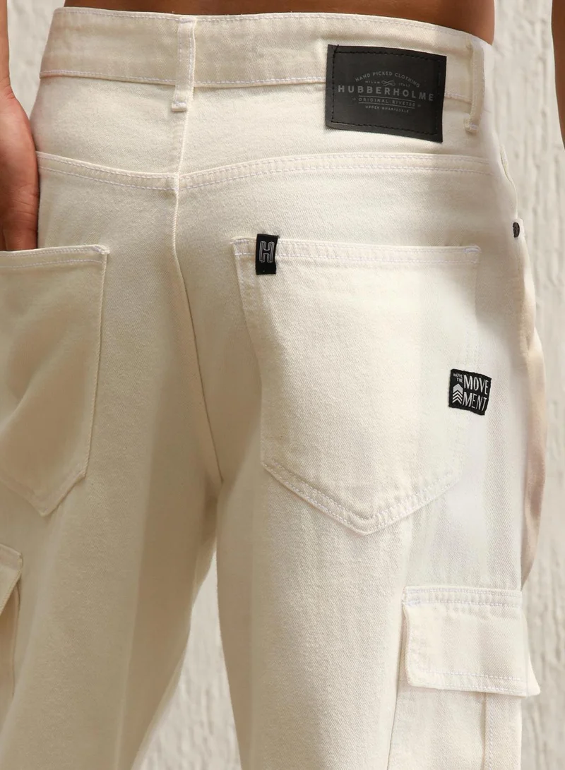 Hubberholme Men's Ecru 100% Cotton Bleached Full Length Loose Jeans