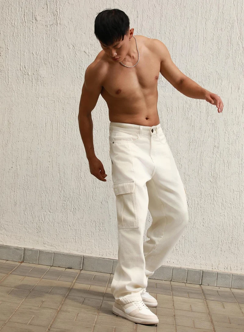 Hubberholme Men's Ecru 100% Cotton Bleached Full Length Loose Jeans