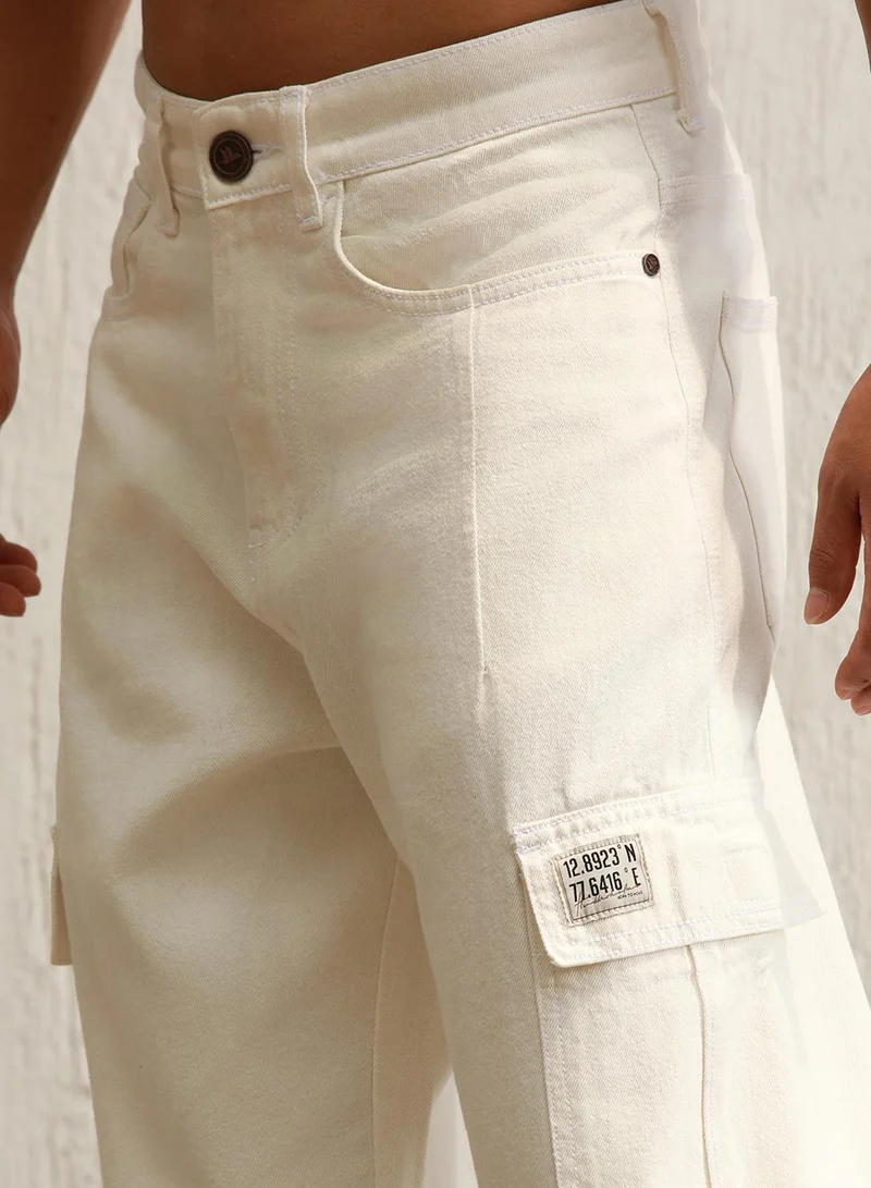 Hubberholme Men's Ecru 100% Cotton Bleached Full Length Loose Jeans