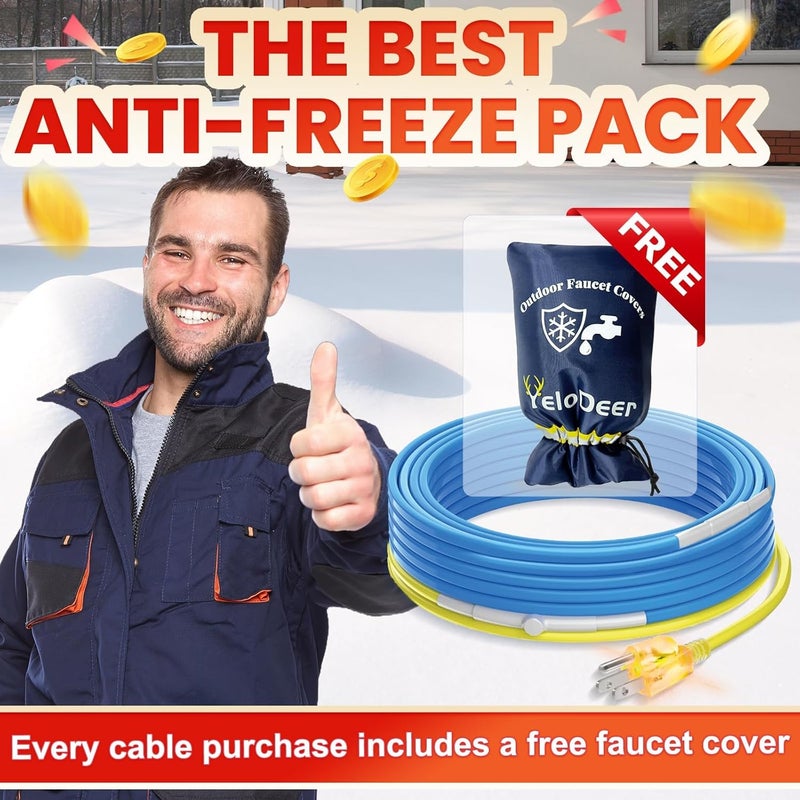 YeloDeer 12 FT Heat Tape for Water Pipes Kit for Winter Pipe Freeze Protection, Self-Regulating Heater Trace Cable with 7.1"W X 10.7"H Outdoor Faucet Cover 5W/Ft 120V - Image 5