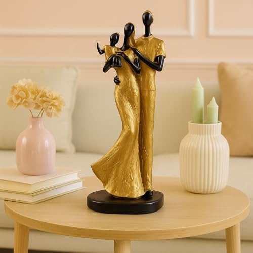 Xtore Stylish Golden Black Resin Couple Statue with Child for Home Decor (Pack of 1, Black & Golden) - Image 1