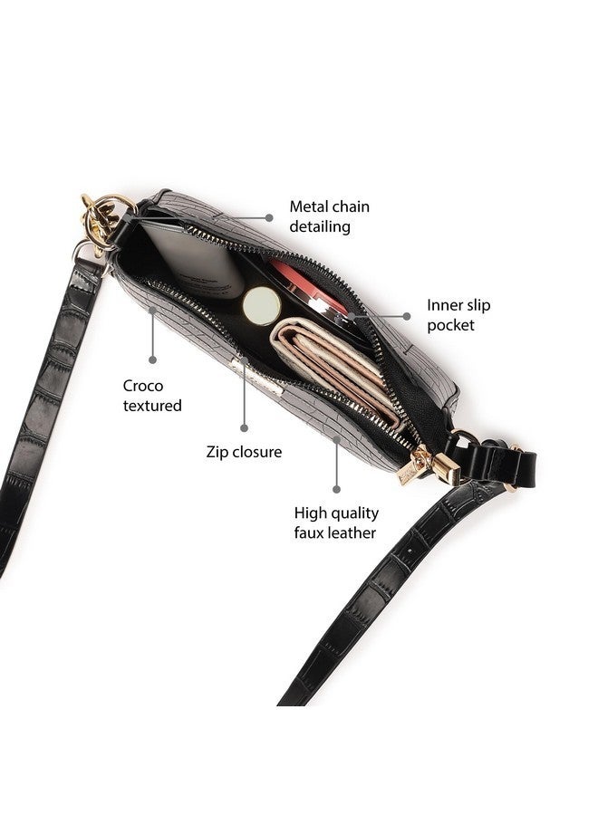 Fastrack Croco Pattern Shoulder Bag For Women | Faux Leather Shoulder Bag With Golden Chain Strap | Trendy Handbag With Zip Closure and Slip Pocket | Trendy Women Handbags - Image 3