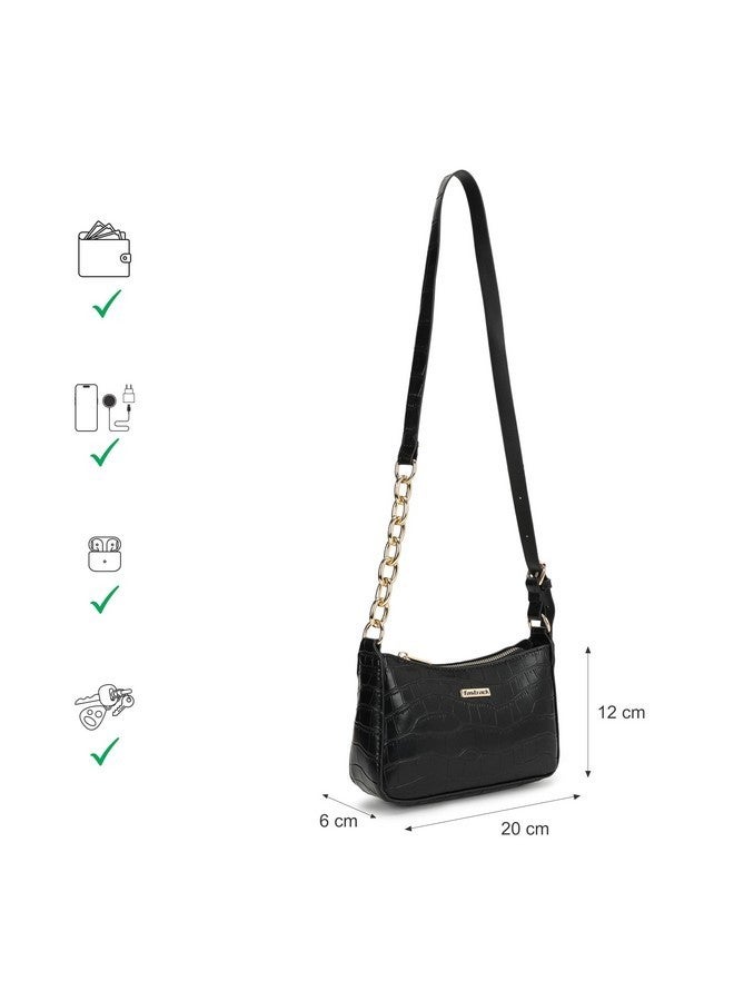 Fastrack Croco Pattern Shoulder Bag For Women | Faux Leather Shoulder Bag With Golden Chain Strap | Trendy Handbag With Zip Closure and Slip Pocket | Trendy Women Handbags - Image 4